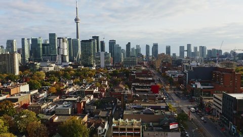 Toronto , Ontario / Canada - 06 11 2018: Aerial of Toronto city lowering over Spadina avenue in chinatown