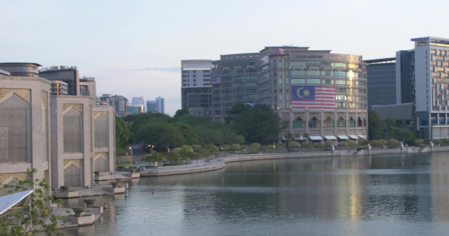 PUTRA JAYA,MALAYSIA - CIRCA August 2019 :pan of the lake and bridge at putra jaya