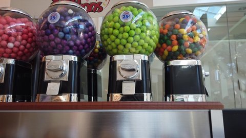 Cherry Hill, New Jersey - February 9, 2019: A group of gumball machines with large colorful gumballs was seen at the Cherry Hill Mall on this date