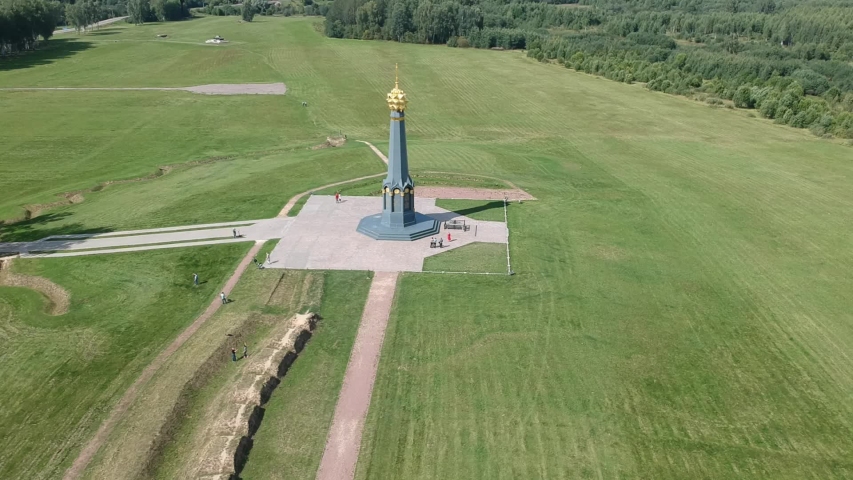 Borodino area. main monument to Russian soldiers heroes of Borodino battle, Borodino, Russia. Aerial photography. Monument to victims of Borodino battle between Russian soldiers and European 