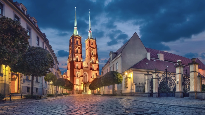 Wroclaw, Poland. View of Cathedral of St. John the Baptist at dusk  (static image with animated sky)
