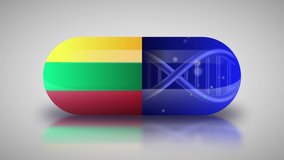 Animation of the national pharmaceuticals of Lithuania. Drug production in Lithuania. National flag of Lithuania on capsule with gene animation