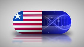 Animation of the national pharmaceuticals of Liberia. Drug production in Liberia. National flag of Liberia on capsule with gene animation