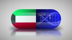Animation of the national pharmaceuticals of Kuwait. Drug production in Kuwait. National flag of Kuwait on capsule with gene animation