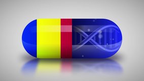 Animation of the national pharmaceuticals of Andorra. Drug production in Andorra. National flag of Andorra on capsule with gene animation