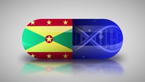 Animation of the national pharmaceuticals of Grenada. Drug production in Grenada. National flag of Grenada on capsule with gene animation