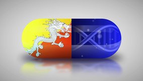Animation of the national pharmaceuticals of Bhutan. Drug production in Bhutan. National flag of Bhutan on capsule with gene animation