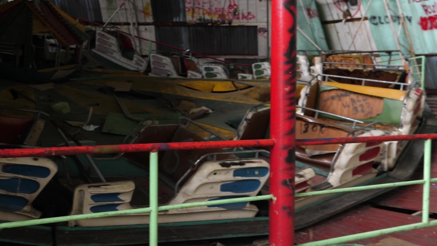 panoramic view of a abandoned carousel in the amusement park of Chernobyl