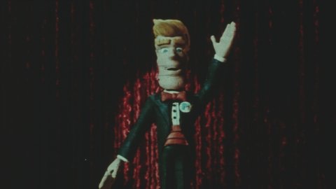 1980s Drive-in Movie Theater Intermission Announcement. Animated Master of Ceremonies Welcomes Audience to Movie Theater. Animated Claymation Characters Illustrate Mystery, Romance, Horror, Humor.