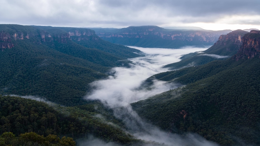 Timelapse of mist  fog moving on the valley floor in the Blue Mountains at sunrise - Evans Lookout, Gross Valley, Blue Mountains, Australia. Royalty-Free Stock Footage #1036710635