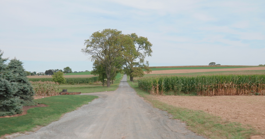 Drive Through Scenic Rural Farmland on Dirt Path with Barn and Silos