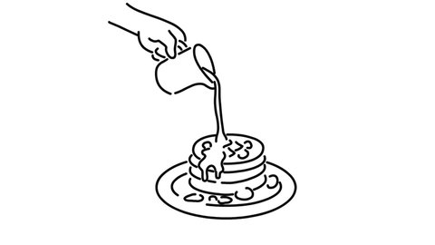 2d Animation monoline style drawing of a hand pouring maple syrup on stack of pancake, hot cake, hotcake or flat cake on white, black and green screen in HD high definition.