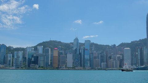 Hong Kong, China - September 06, 2019: Victoria Harbor and Hong Kong Island Skyline. 