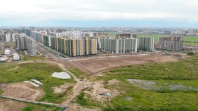 Aerial video of new buildings in the suburbs of St. Petersburg 4K