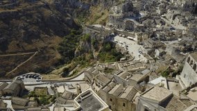 Aerial video shooting with drone of Matera, a famous Italy town for houses of stones, is one of the Italian sites inscribed in the UNESCO World Heritage List