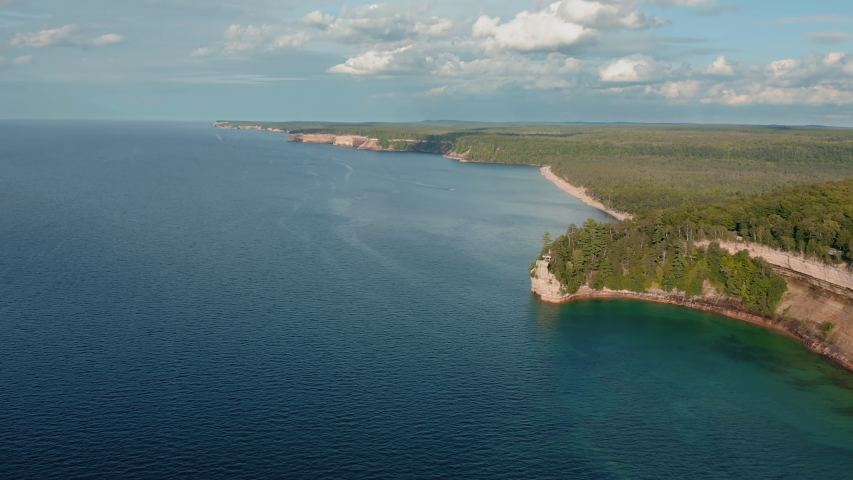 Aerial wide angle view of colorful cliffs in Pictured Rocks National  Lakeshore, Michigan