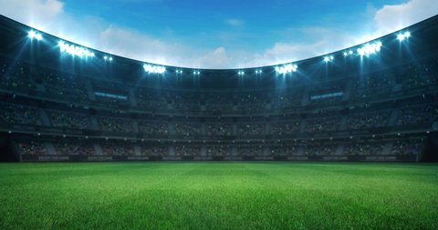 
Empty green grass playground in a stadium full of fans at daylight, sport 4K professional background animation loop