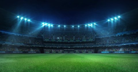 Lighting the empty grass playground before the game in the stadium full of fans, sport 4K professional background animation loop