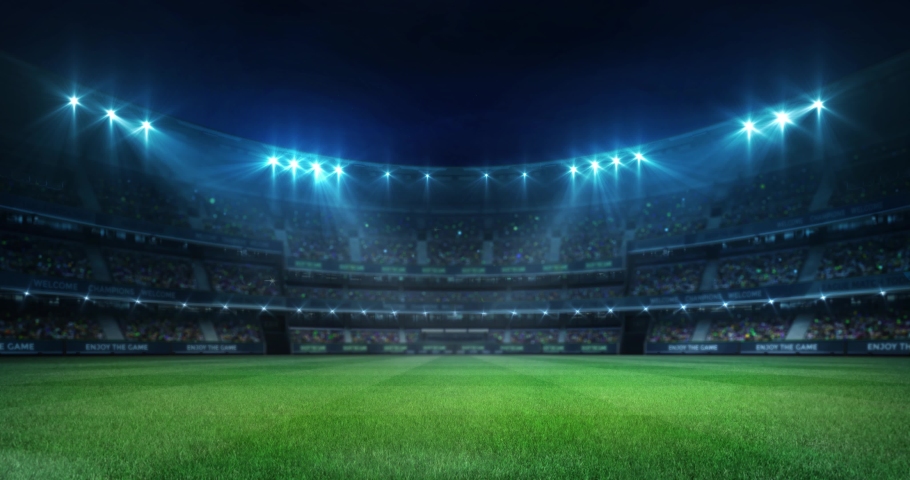 
Illuminated empty grass playground before the game in a stadium full of fans, sport 4K professional background animation loop