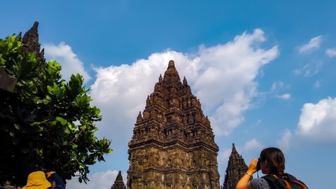 Jogjakarta / Indonesia - July, 1st 2019: HYPERLAPSE Established Shot of Candi Prambanan (Prambanan Temple), Hinduism Temple in Java