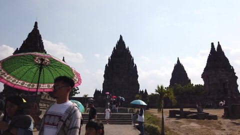 Jogjakarta / Indonesia - July, 1st 2019: HYPERLAPSE Established Shot of Candi Prambanan (Prambanan Temple), Hinduism Temple in Java