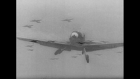 CIRCA 1940s - The British Royal Air Force dogfights Nazi warplanes over Britain, during World War 2, in 1940.
