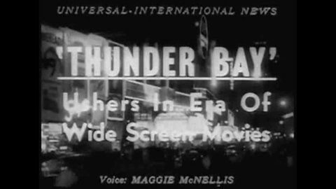 CIRCA 1950s - The special widescreen at Loew's State Theater is highlighted for the premiere of 'Thunder Bay.' Movie stars.