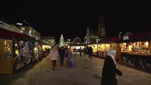 Bolzano Christmas market in the evening. Trentino Alto Adige, Italy. December-12-2018
