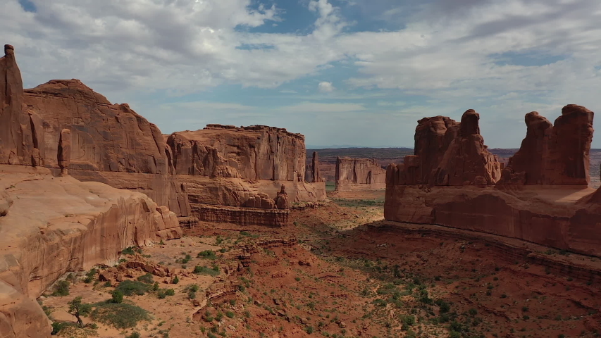 Aerial panoramic view of rock formations in Arches National Park in Utah