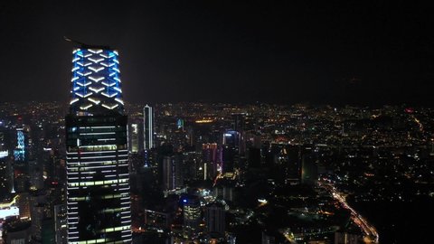 KUALA LUMPUR, MALAYSIA - AUGUST 31, 2019 : Aerial view of Tun Razak Exchange building during night scene.