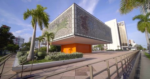 MIAMI, FL, USA - SEPTEMBER 7, 2019: Motion footage of the Bacardi Building Downtown Miami abstract architecture 4k 60p