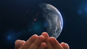 Child's hands hold planet Earth, concept - the world in the hands of children. video loop, Used maps and textures provided by NASA