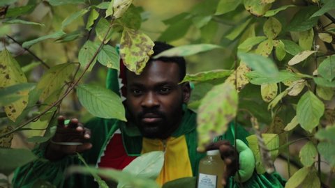Afro-american dino young man appearing in green bushes looking around holding alcohol drink showing funny expression hiding away.