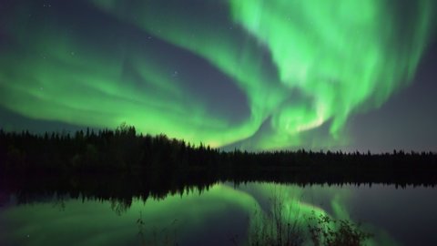 Realistic real time (not timelapse) aurora borealis (northern lights) dancing over trees and lake in Alaska