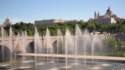 View of the Almudena Cathedral and the Royal Palace of Madrid from the Segovia Bridge
