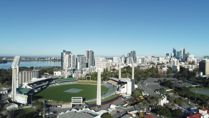 Aerial views over east perth and the waca cricket ground with the perth skyline in the background on a clear blue sky day