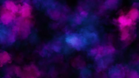 Colorful puffy puffs of smoke on an isolated black background. Overlay VFX Element. Modern colorful blue purple light spectrum. Haze background. Seamless loop 3d render