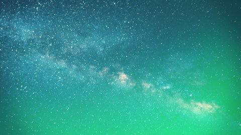 Panoramic view universe space shot of milky way galaxy with stars on a night sky.  Night starry emerald green firmament background. Time lapse. Skyscape or dreamscape animation