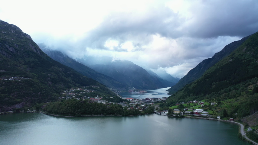 Beautiful Nature Norway natural landscape. Aerial footage lovatnet lake