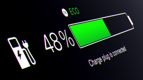 Electric Car Dashboard. Electric car battery indicator showing an increasing battery charge. The battery indicator shows it fills up to 100%. Electric Car Battery Gauge