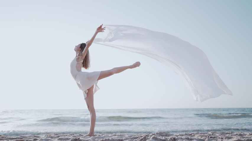 Flexible gymnast is dancing on ocean with huge silk fabric fluttering in wind.?oncept of tenderness, lightness, art and talent in nature Royalty-Free Stock Footage #1036821809