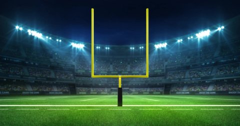 American football stadium with yellow goal post and fans under shining spotlights, sport 4K professional background animation loop