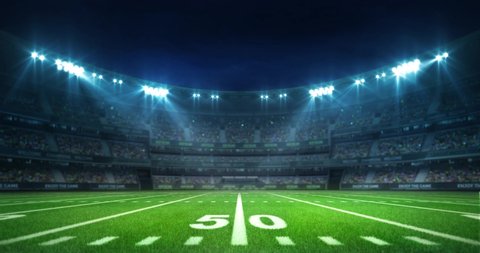 American football stadium with grassy playground and fans under shining spotlights, sport 4K professional background animation loop