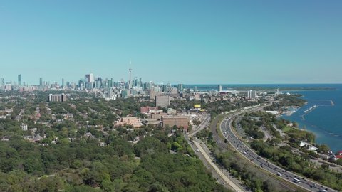 Aerial Establishing Shot of the Gardiner Expressway Leading into Downtown Toronto.