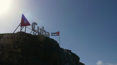 Cuba sign with cuban flag behind