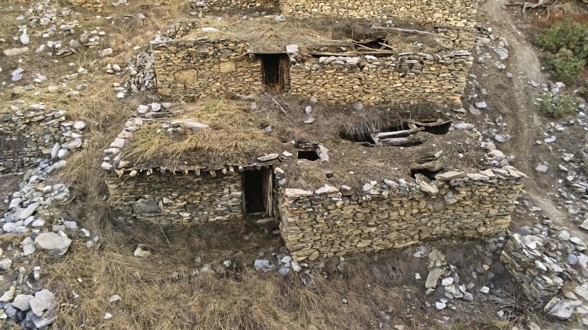 Nepal, Braga village, Old stone house ruins drone view