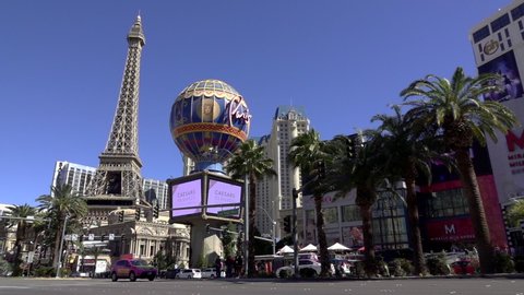 LAS VEGAS, NEVADA - MARCH 7: Paris Hotel and Casino exterior slow motion establishing Las Vegas, Nevada on March 7, 2019.