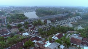 Aerial footage point of interest steel bridge with Bengawan Solo river