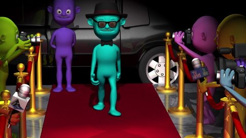 3d animated character advances along the red carpet while photographers and reporters harass him. Climb a stair and bow to his audience