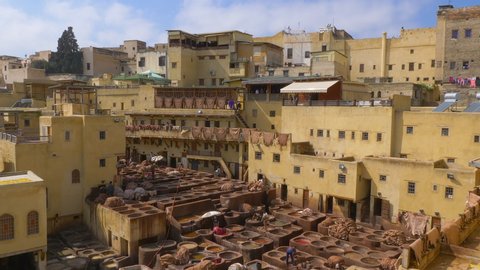 Fez, Morocco: March 04, 2019: Dyeing vats, Tanneries, Fez, Morocco, North Africa.